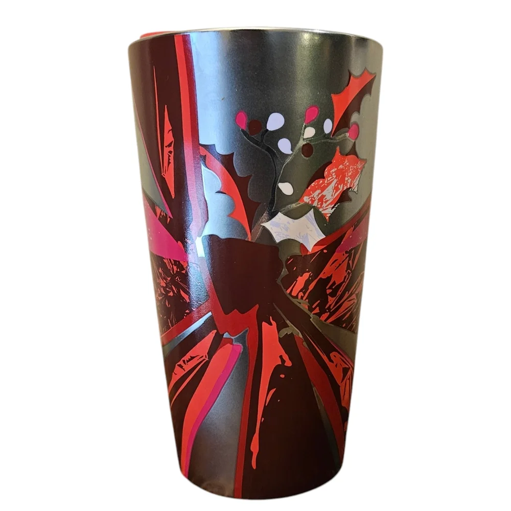 Starbuck 2023 Ceramic 12 oz Travel Tumbler Holiday Red Ribbon Holly Berry Silver